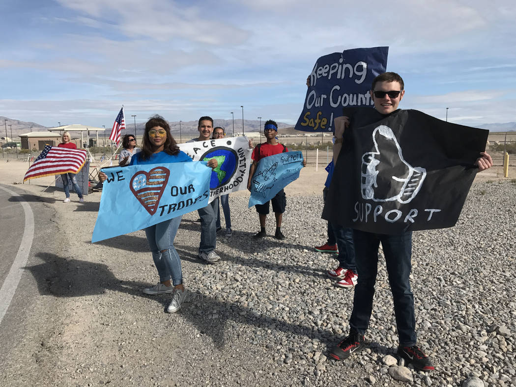 Students from Word of Life Christian Academy show their support for troops, Wednesday, April 26, 2017, at Creech Air Force Base, northwest of Las Vegas. Keith Rogers Las Vegas Review-Journal