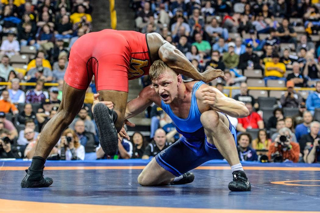Kyle Dake, right, a four-time NCAA champion at Cornell, is one of the top competitors at the U.S. Wrestling Open Championships at South Point Arena this weekend. (Tony Rotundo/WrestlersAreWarriors ...