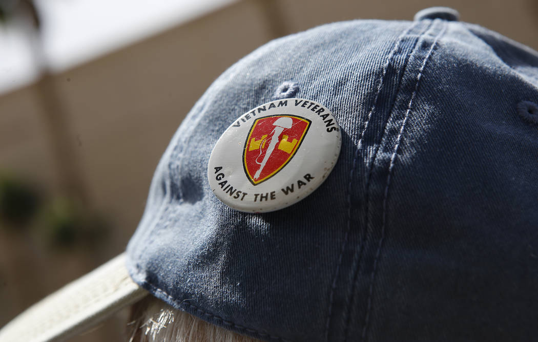 An anti-drone protester wears a pin on his hat at the Trump International Hotel on Thursday, April 27, 2017, in Las Vegas. Christian K. Lee Las Vegas Review-Journal @chrisklee_jpeg