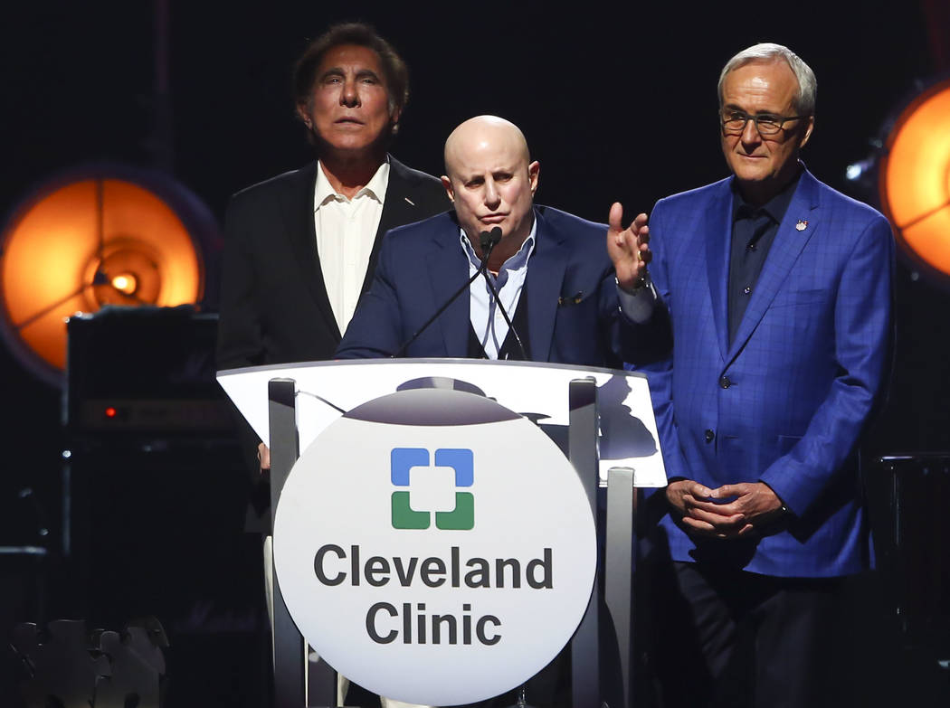 Honoree Ronald O. Perelman, chairman and CEO of MacAndrews & Forbes Inc., center, speaks alongside business magnate and CEO of Wynn Resorts Steve Wynn, left, and Larry Ruvo, co-founder and cha ...