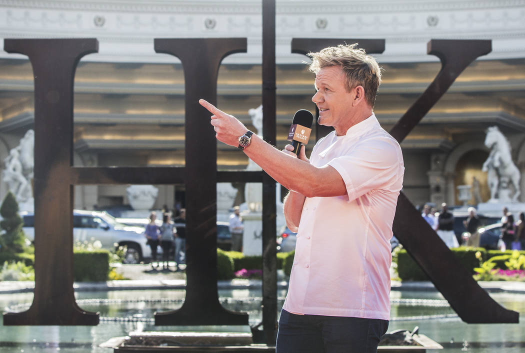 Gordon Ramsey addresses the media during a press conference to announce his new restaurant Gordon Ramsay Hell's Kitchen, which will be located at the current Stripside Cafe (formerly Serendipity 3 ...
