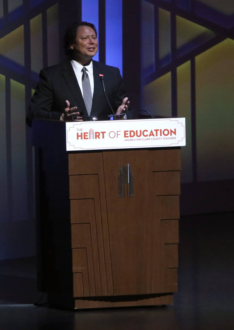 CCSD superintendent Pat Skorkowsky speaks during the second annual Heart of Education awards at The Smith Center on Saturday, April 29, 2017, in Las Vegas. Christian K. Lee Las Vegas Review-Journa ...