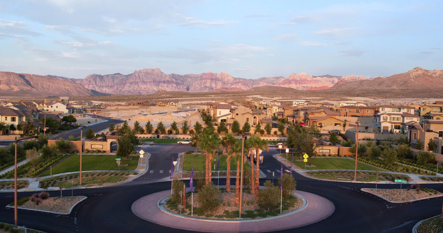 The gated neighborhoods of Capistrano by CalAtlantic Homes and Tevare by KB Home in the Paseos village of Summerlin have much in common, including this shared grand entrance. Both neighborhoods of ...