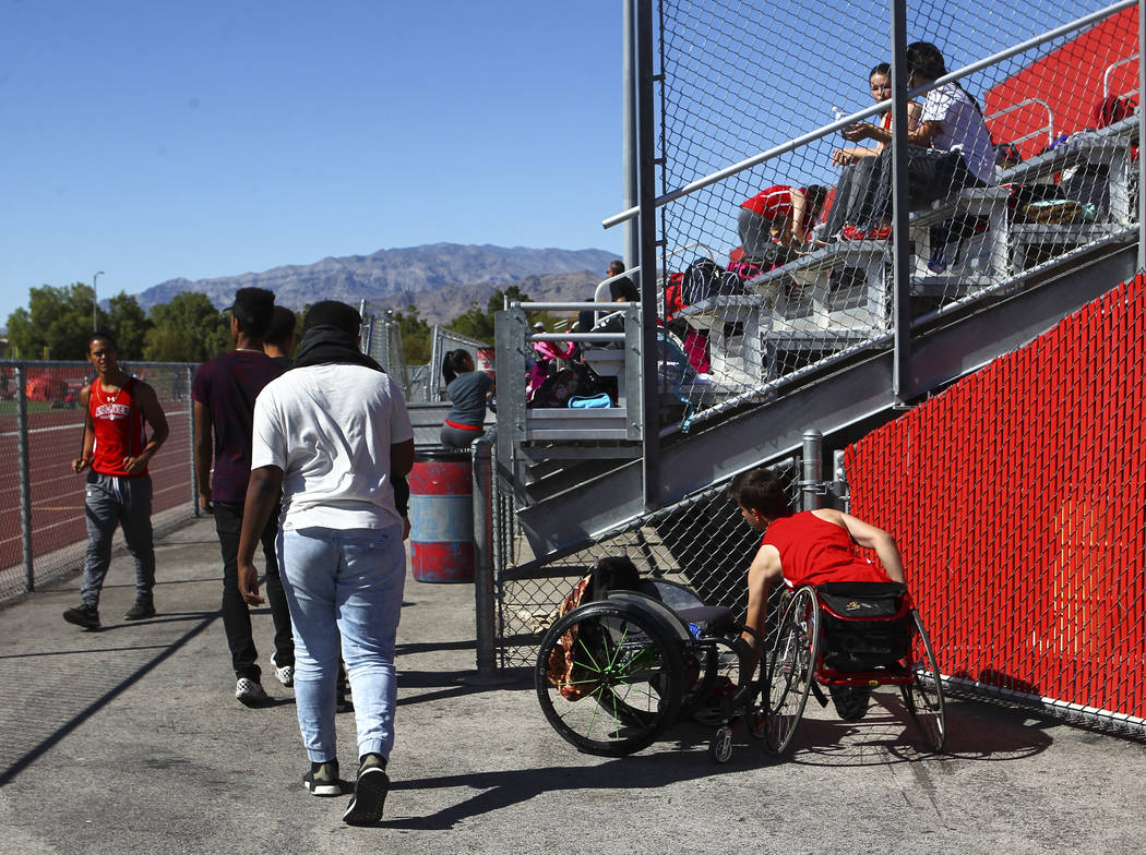 Arbor View freshman Blake Dickinson arrives to a track and field meet at Arbor View High School in Las Vegas on Wednesday, April 19, 2017. Chase Stevens Las Vegas Review-Journal @csstevensphoto