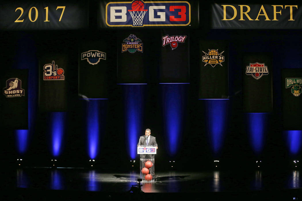 Ice Cube addresses the crowd at the BIG3 inaugural draft on Sunday, April 30, 2017, at Planet Hollywood in Las Vegas. Ice Cube founded the new 3-on-3 pro basketball football league BIG3. Rachel As ...