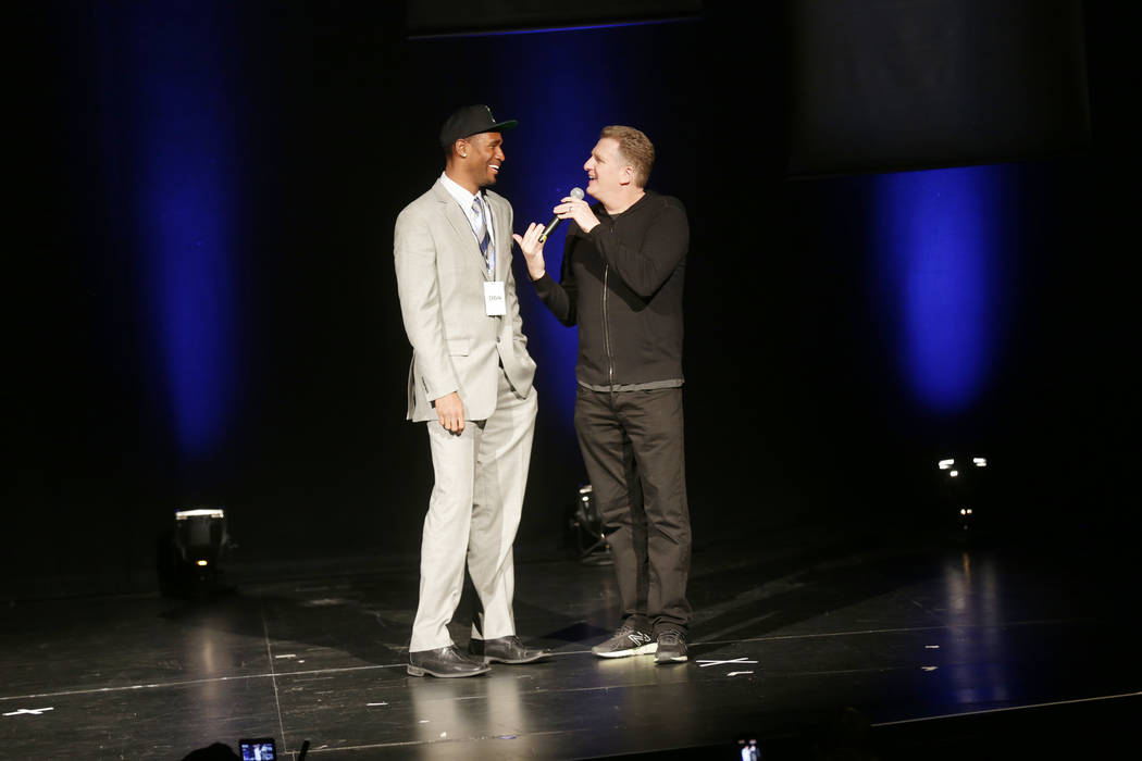 Derrick Byars, from left, talks to Michael Rapaport after being drafted for the Tri State team on Sunday, April 30, 2017, at the BIG3 inaugural draft at Planet Hollywood in Las Vegas. BIG3 is Ice  ...