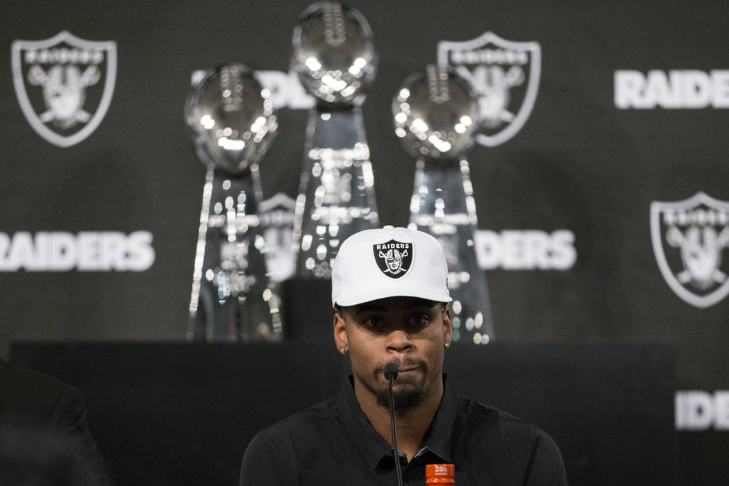 Oakland Raiders first round NFL Draft pick Gareon Conley of Ohio State during a press conference at the Raiders Headquarters on Friday, April 28, 2017, in Alameda, Calif. Erik Verduzco Las Vegas R ...