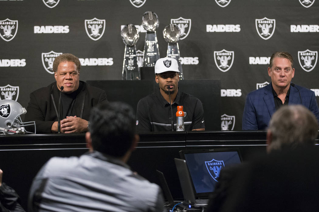 Oakland Raiders General Manager Reggie McKenzie, from left, NFL Draft first round pick Gareon Conley of Ohio State and head coach Jack Del Rio, during a press conference at the Raiders Headquarter ...