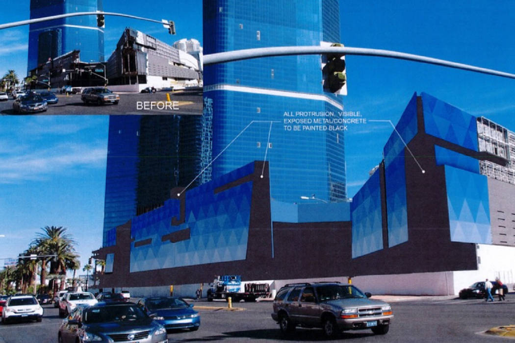 A rendering of a planned wrap to cover the bottom three stories of the unfinished Fontainebleau resort on the Strip. (Clark County)