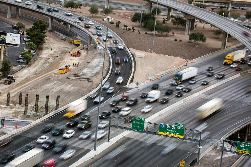 Morning traffic flows through the &quot;Spaghetti Bowl&quot; on Thursday, Oct. 27, 2016. Interstate 15 southbound and northbound ramps connecting to northbound U.S. Highway 95 will be clos ...