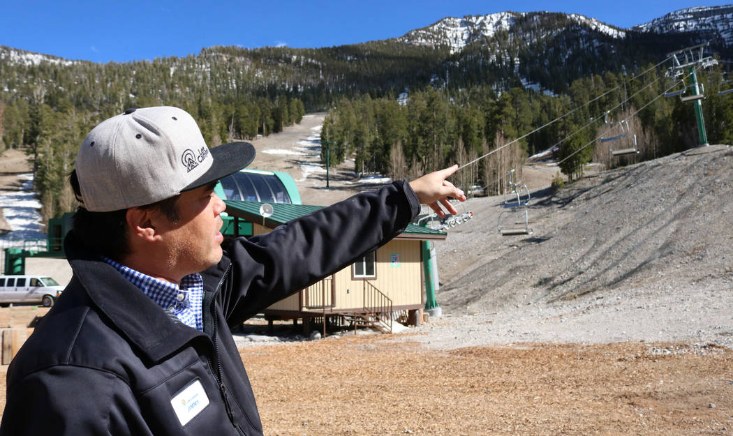 Jim Seely, marketing director at Lee Canyon, gestures to where the added ski trails would be, Tuesday, May 2, 2017. Lee Canyon ski resort is ready to modernize and expand into a year-round playgro ...