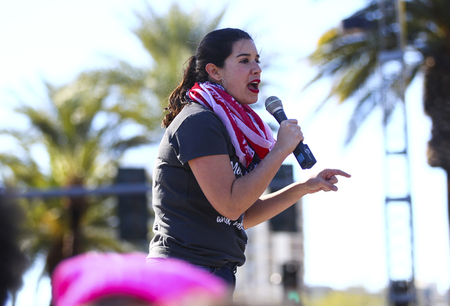 State Sen. Yvanna Cancela speaks as supporters of women's rights gather outside of the Lloyd George U.S. Courthouse in downtown Las Vegas on Saturday, Jan. 21, 2017. (Chase Stevens/Las Vegas Revie ...