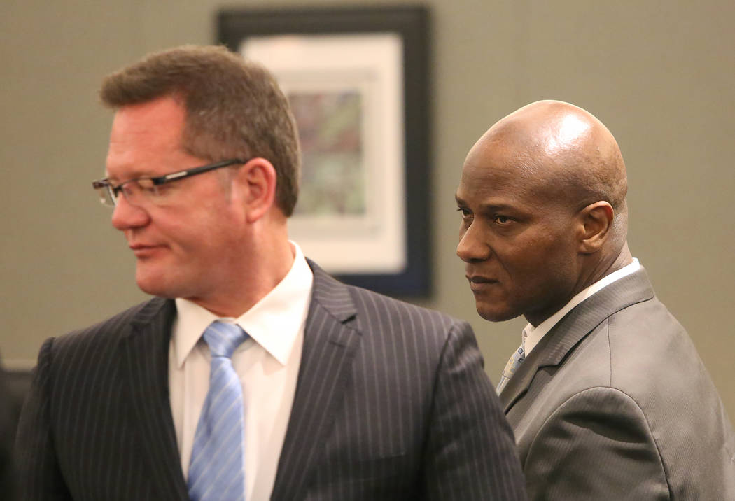 Frederick Richards, right, a former Bellagio club host accused of drugging and raping a woman, and his attorney, Robert Draskovich, appear in court at the Regional Justice Center on Tuesday, May 2 ...