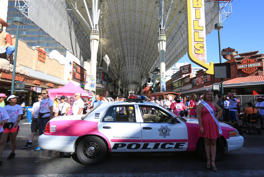 A Las Vegas Metropolitan police car wears a pink color scheme during the Susan G. Komen Race for the Cure on Saturday, May 6, 2017, in Las Vegas. Brett Le Blanc Las Vegas Review-Journal @bleblancphoto