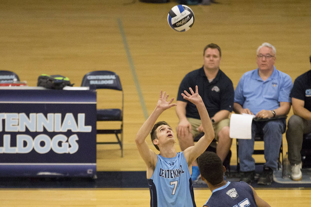 Centennial junior Sam Belnap (7) sets the ball during a game against Foothill at Centennial High School on Friday, May 5, 2017, in Las Vegas. Bridget Bennett Las Vegas Review-Journal @bridgetkbennett