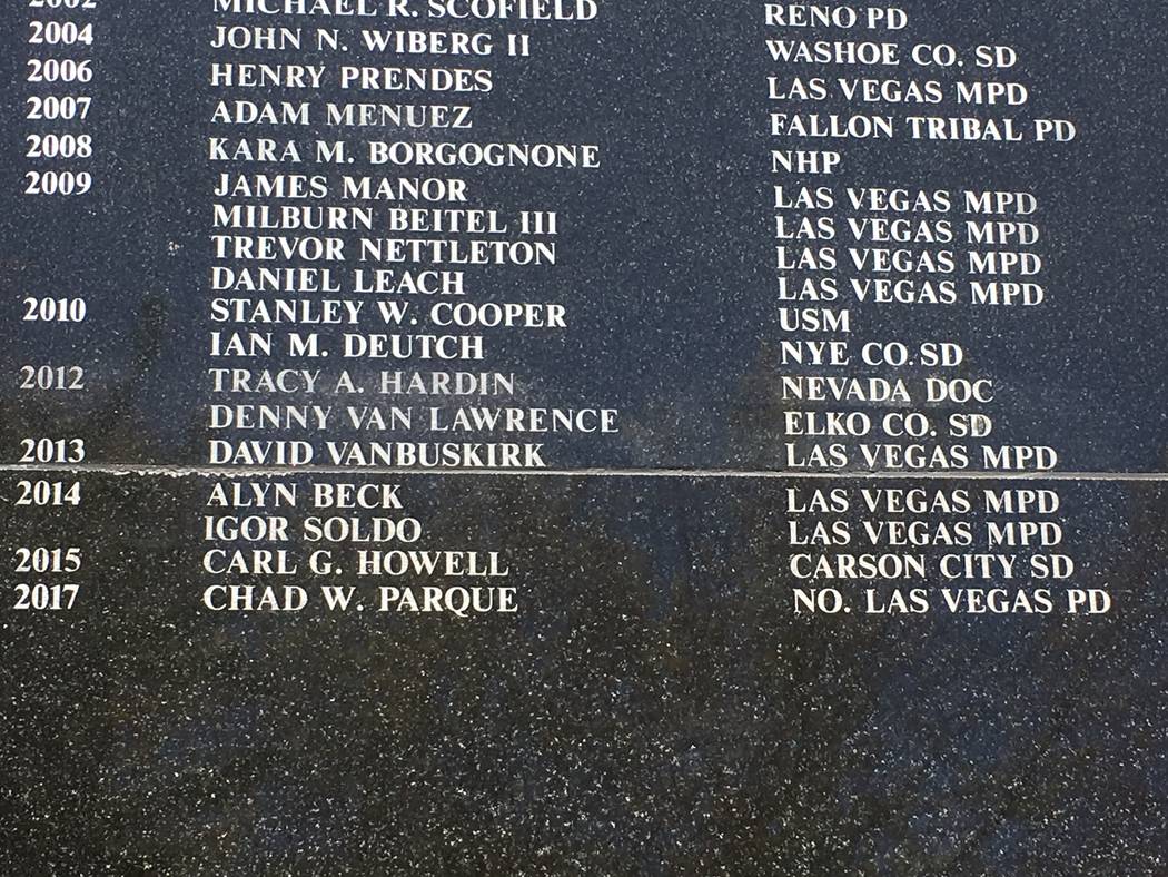 Fallen North Las Vegas police detective Chad Parque's name has been added to the memorial on the Capitol grounds in Carson City. (Sean Whaley/Las Vegas Review-Journal)