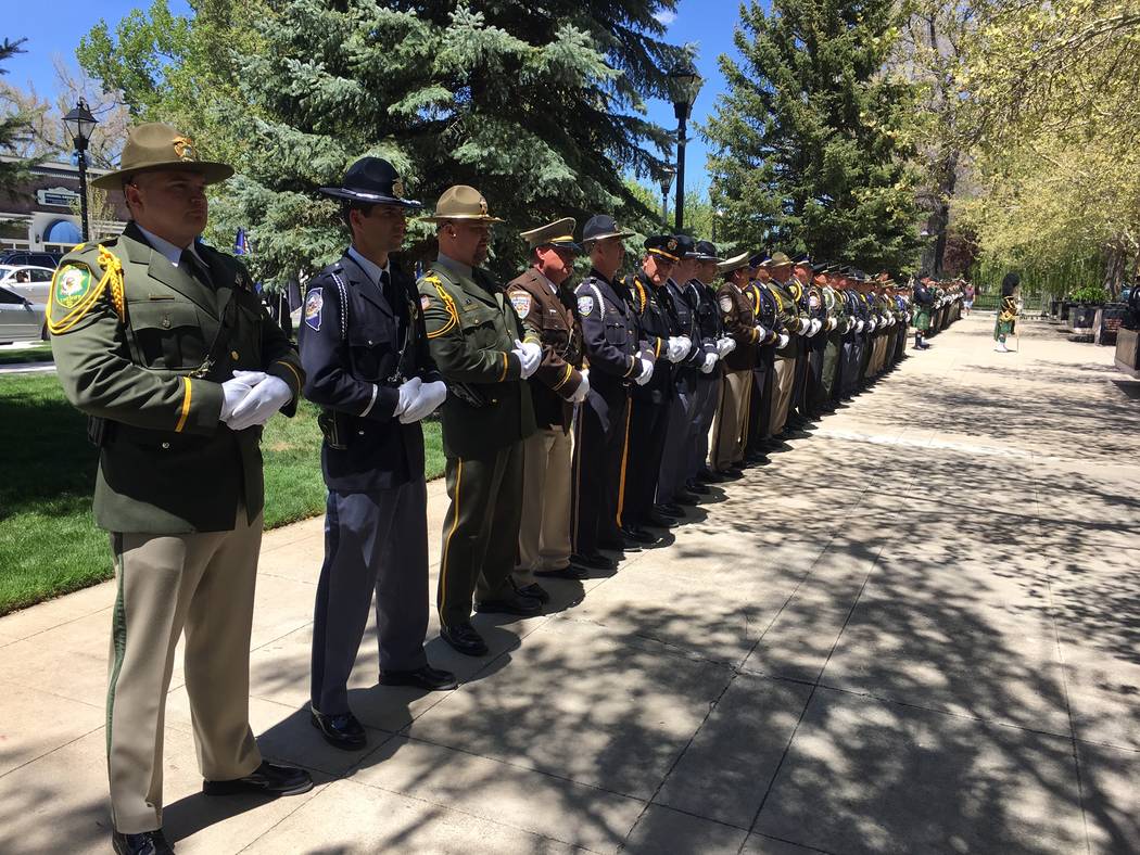 Officers from around the state participate in the 2017 Nevada Law Enforcement Officers Memorial Ceremony, Thursday, May 4, 2017, in Carson City. (Sean Whaley/Las Vegas Review-Journal)