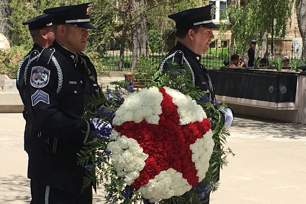 A wreath was ready to be placed on the  Law Enforcement Officers Memorial at a ceremony Thursday, May 4, 2017, in Carson City. Sean Whaley Las Vegas Review-Journal