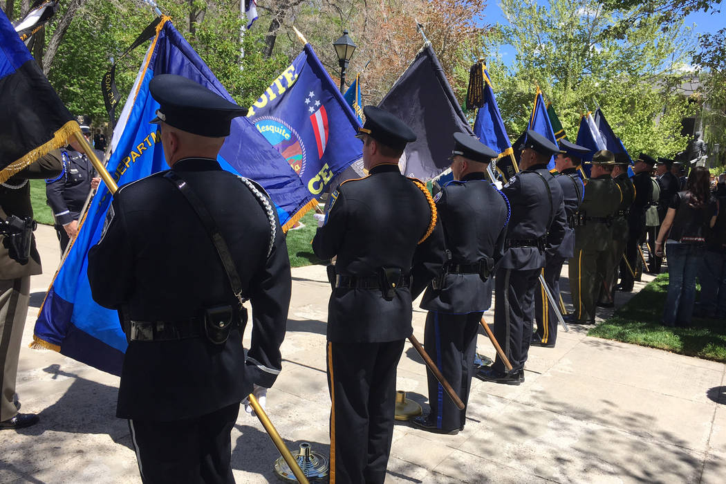 Flags representing Nevada's many law enforcement agencies wave in the breeze Thursday, May 4, 2017, at the Law Enforcement Officers Memorial ceremony in Carson City. (Sean Whaley/Las Vegas Review- ...