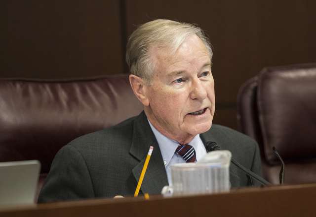 Sen. David Parks, D-Las Vegas, makes an inquiry during a Senate Government Affairs Committee meeting on the third day of the Nevada Legislative session on Wednesday, Feb. 8, 2017, at the Legislati ...