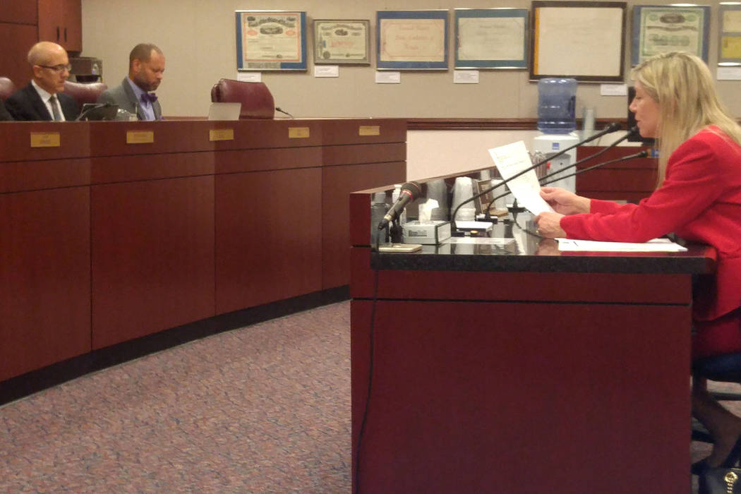 Assemblywoman Lisa Krasner, R-Reno, talks to the Senate Judiciary Committee in Carson City, Monday, May 8, 2017, about Assembly Bill 145, which would extend the statute of limitations by 10 years ...