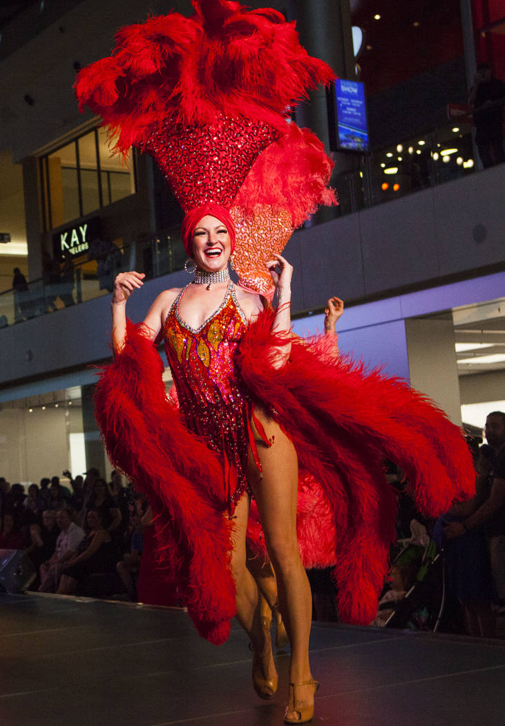 Viva Las Vegas showgirls perform during a celebration of tourism hosted by the Las Vegas Convention and Visitors Authority at the Fashion Show mall in Las Vegas on Tuesday, May 9, 2017. Miranda Al ...