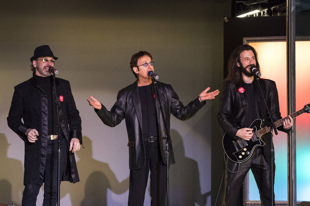 The Australian Bee Gees perform during a celebration of tourism hosted by the Las Vegas Convention and Visitors Authority at the Fashion Show mall in Las Vegas on Tuesday, May 9, 2017. Miranda Ala ...