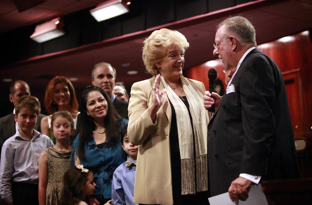 Las Vegas Mayor Carolyn Goodman laughs with her husband, outging Mayor Oscar Goodman, during her swearing-in ceremony at City Hall in Las Vegas on July 6, 2011. Jessica Ebelhar Las Vegas Review-J ...