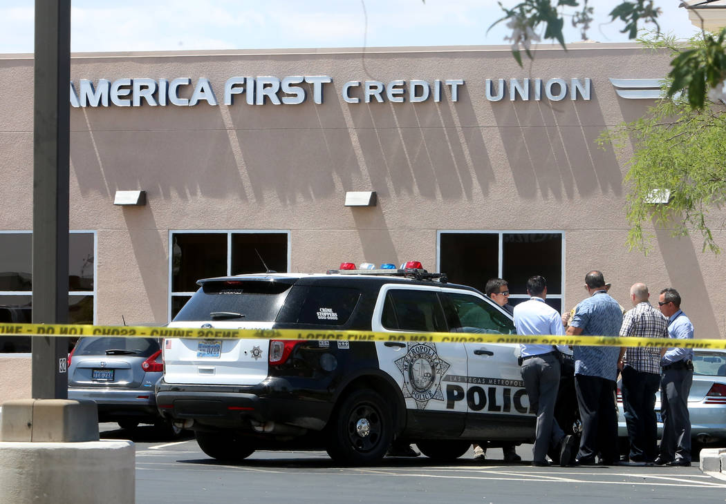 Las Vegas police are investigating an attempted robbery at America First Credit Union, 6090 S. Durango Drive, in which a security guard may have fired shots at the robber on Tuesday, May 9, 2017. ...