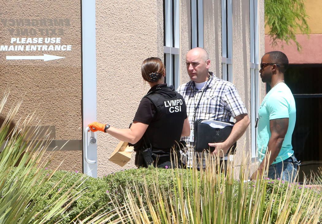 Las Vegas police are investigating an attempted robbery at America First Credit Union, 6090 S. Durango Drive, in which a security guard may have fired shots at the robber on Tuesday, May 9, 2017. ...