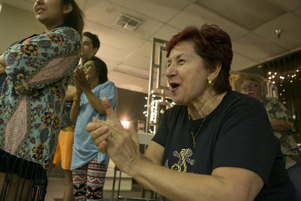Maria Clita cheers on friends during an ice cream eating competition at Arthur Murray Dance Studio on Thursday, May 11, 2017 in Las Vegas. Bridget Bennett Las Vegas Review-Journal @bridgetkbennett