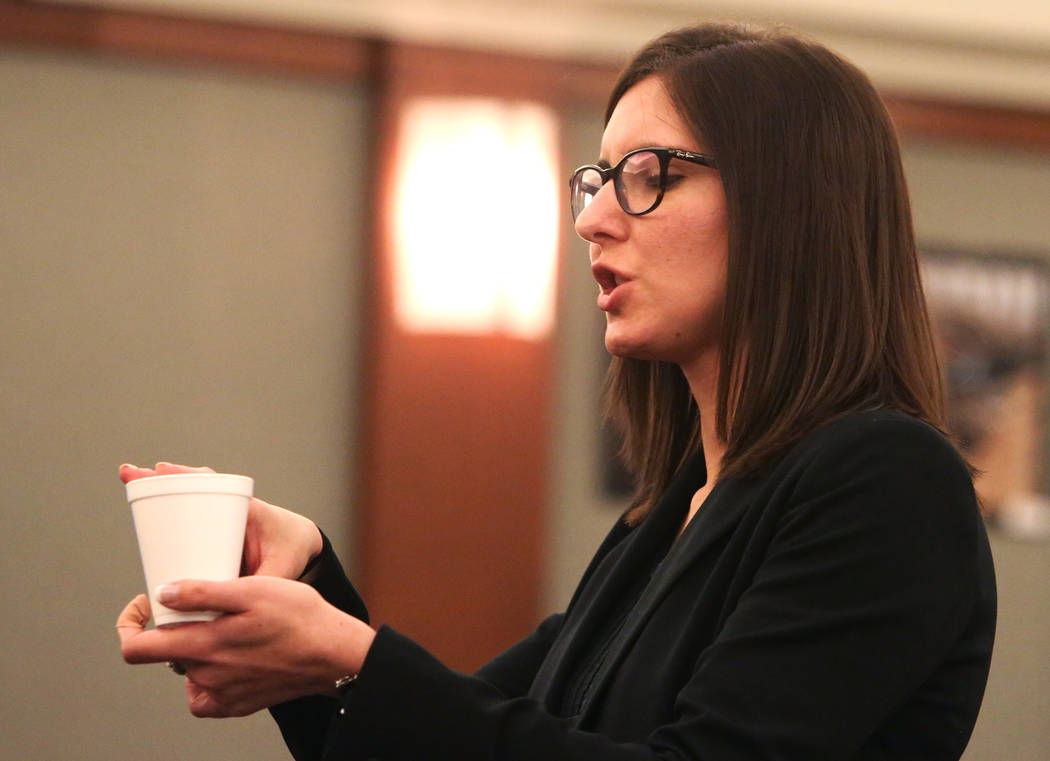 Prosecutor Kelsey Einhorn delivers her closing statement to the jury on Wednesday, May 10, 2017, at the Regional Justice Center in the trial of Frederick Richards, a former Bellagio club host accu ...