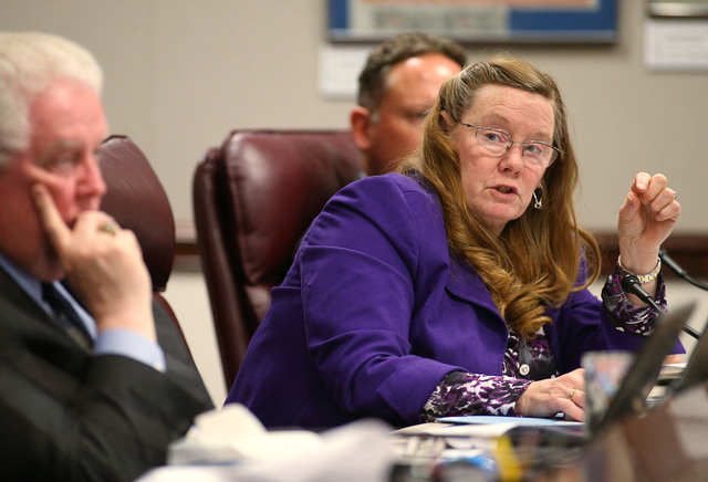 Nevada Assemblywoman Maggie Carlton, D-Las Vegas, talks about the Department of Motor Vehicle budget during a hearing at the Legislative Building in Carson City, Nev., on Tuesday, May 5, 2015.  (C ...