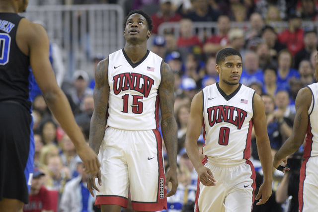 UNLV forward Dwayne Morgan looks up after being called for traveling during their NCAA basketball game Saturday, Dec. 10, 2016, at the T-Mobile Arena in Las Vegas. Duke won 94-45. Sam Morris/Las V ...