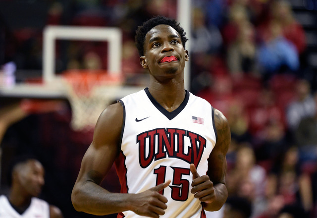UNLV's Dwayne Morgan runs up court against Fullerton during the second half of an NCAA basketball game at the Thomas & Mack Center Saturday, Nov. 19, 2016, in Las Vegas. UNLV won 77-68. David ...