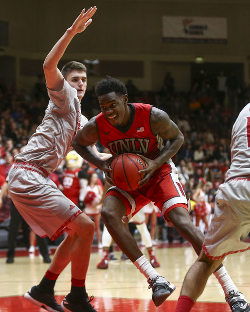 UNLV forward Dwayne Morgan (15) drives to the basket against Southern Utah during a basketball game at the Centrum Arena in Cedar City, Utah on Wednesday, Nov. 30, 2016. UNLV won 89-81. Chase Stev ...
