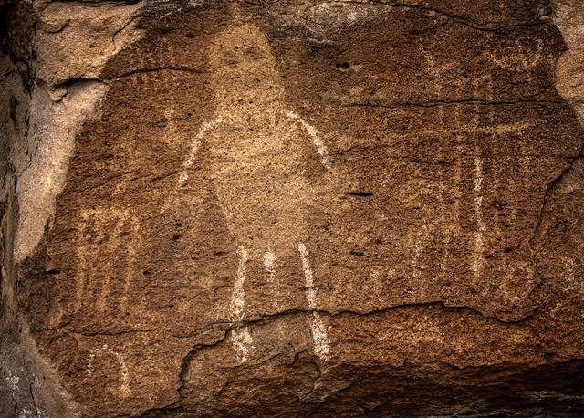 Pahranagat man figure rock art is seen Wednesday, May 20, 2015, in the Mount Irish Archaeological District, located about 130 miles north of Las Vegas. Over 800,000 acres in central Nevada is prop ...