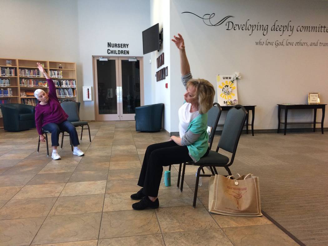 Pamela Lappen, certified instructor, leads a Dancing With Parkinson’s class April 6, 2017, at Desert Spring United Methodist Church in Summerlin. The classes are free and help those with the dis ...