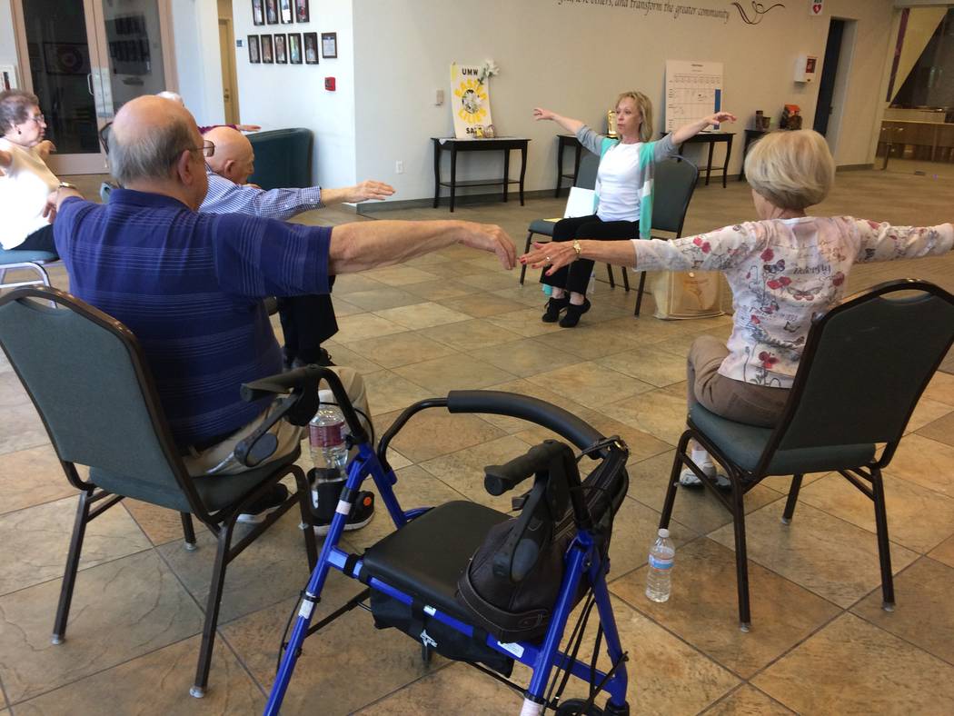 Pamela Lappen, certified instructor, leads a Dancing With Parkinson’s class April 6, 2017, at Desert Spring United Methodist Church in Summerlin. The classes are free and help those with the dis ...