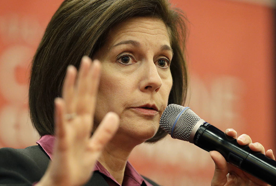 Sen. Catherine Cortez Masto, D-Nev., speaks at a town hall meeting Tuesday, April 18, 2017, in Las Vegas. (AP Photo/John Locher)