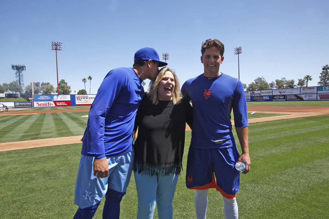 Garin Cecchini , from left, his mom Raissa Cecchini, and his brother Gavin Cecchini on Sunday, May 14, 2017, at Cashman Field in Las Vegas. Gavin and Garin played each other on Mother's Day, Gavin ...