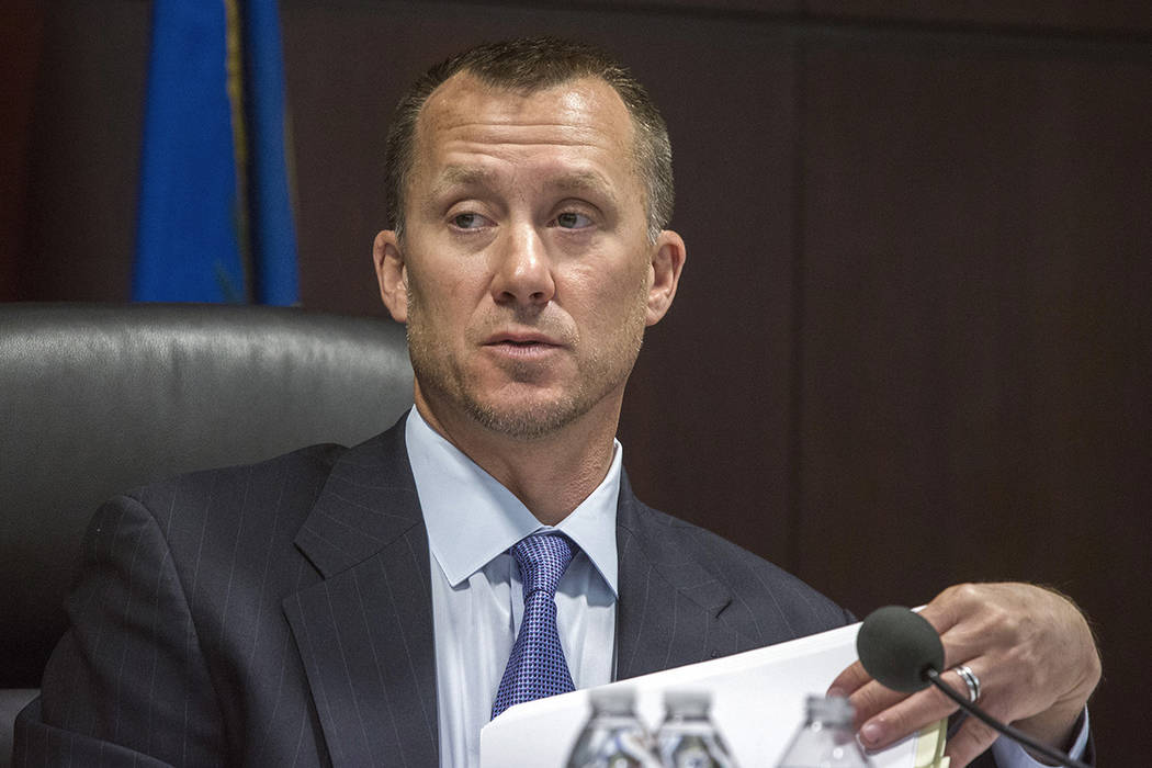 Gaming Control Board chairman A.G. Burnett speaks during the Genting Group licensing hearing on Wednesday, May 4, 2016. (Jeff Scheid/Las Vegas Review-Journal) Follow @jlscheid