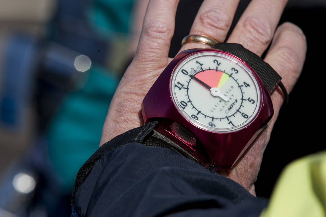Bill McCrane, who just turned 60, wears an altimeter while preparing to skydive with Vegas Extreme Skydiving at the Jean Sport Aviation Center in Jean on Tuesday, May 16, 2017. Patrick Connolly La ...