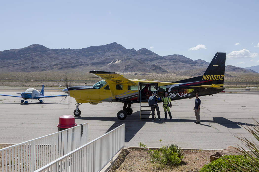 Bill McCrane, who just turned 60, boards a plane to skydive with his daughter, Jessica, with Vegas Extreme Skydiving at the Jean Sport Aviation Center in Jean on Tuesday, May 16, 2017. Patrick Con ...