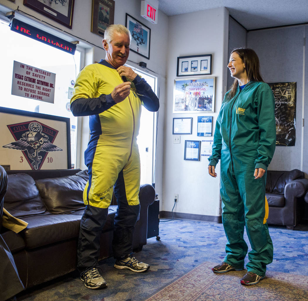 Bill McCrane, who just turned 60, prepares to skydive with his daughter, Jessica, with Vegas Extreme Skydiving at the Jean Sport Aviation Center in Jean on Tuesday, May 16, 2017. Patrick Connolly ...