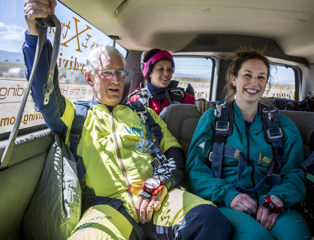 Bill McCrane, who just turned 60, catches his breath after skydiving with his daughter, Jessica, with Vegas Extreme Skydiving at the Jean Sport Aviation Center in Jean on Tuesday, May 16, 2017. Pa ...
