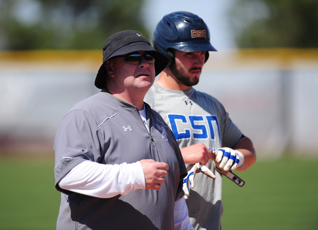 College of Southern Nevada head coach Nick Garritano, left, stands with player Jordan Hand during their baseball practice at Morse Field on the College of Southern Nevada Henderson campus Wednesda ...