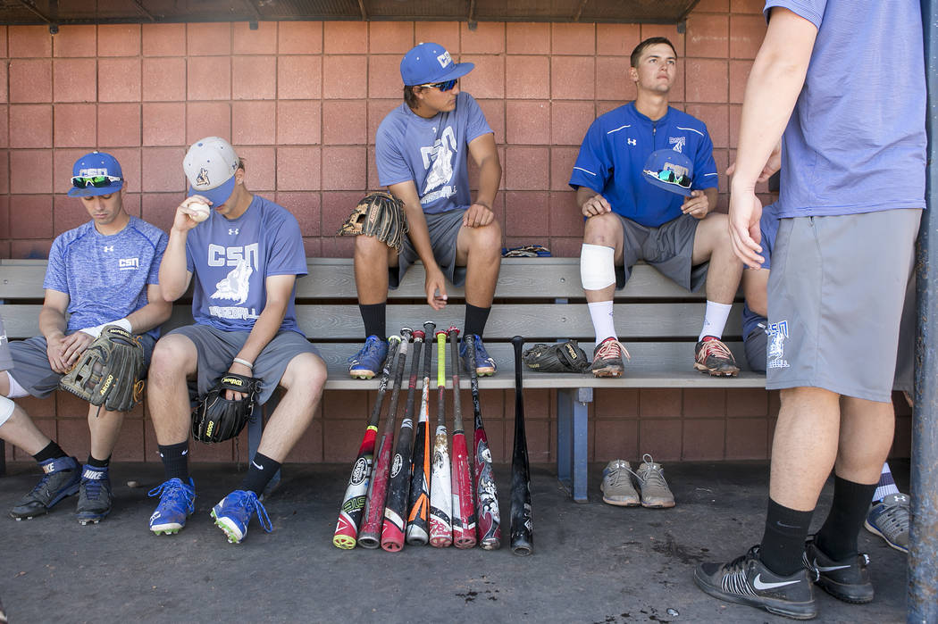 College of Southern Nevada baseball teammates rest in the dugout between drills during a practice at Morse Stadium on Tuesday, May 16, 2017 in Henderson.  Bridget Bennett Las Vegas Review-Journal  ...