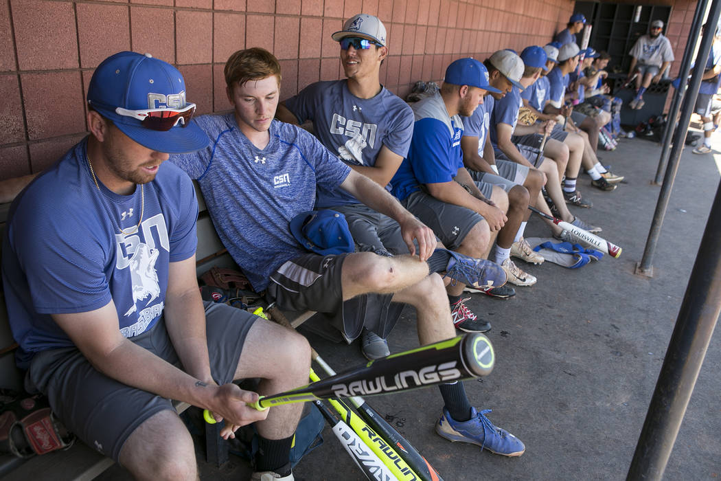 College of Southern Nevada baseball players gather in the dugout during a practice at Morse Stadium on Tuesday, May 16, 2017, in Henderson.  Bridget Bennett Las Vegas Review-Journal @bridgetkbennett
