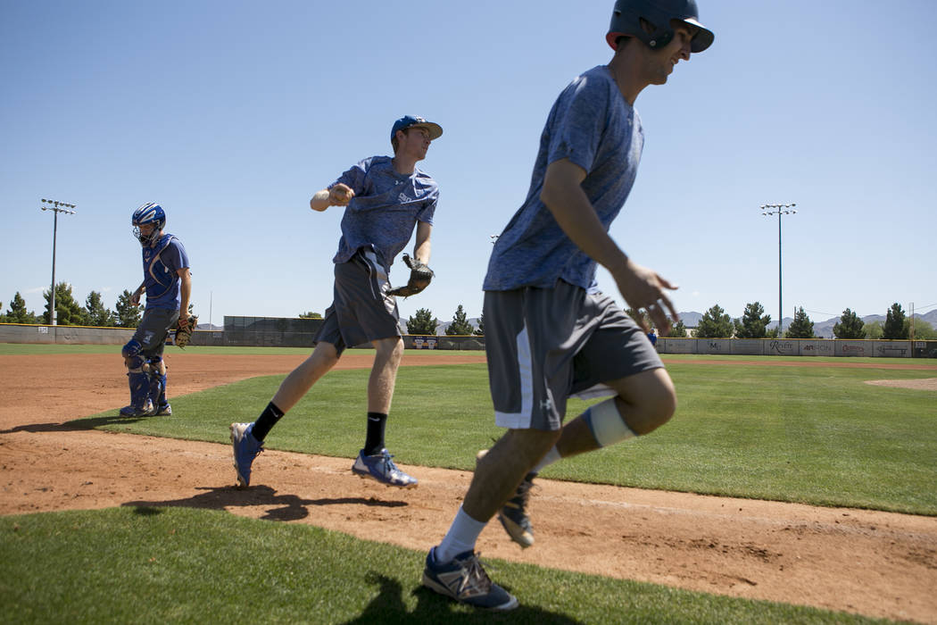 College of Southern Nevada baseball players run a play during a practice at Morse Stadium on Tuesday, May 16, 2017, in Henderson. Bridget Bennett Las Vegas Review-Journal @bridgetkbennett